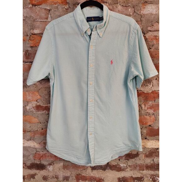 RL Ralph Lauren Gingham Shirt Mens Sz M Short Sleeve Striped Medium Q - Picture 1 of 3